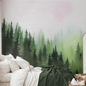 Green Misty Forest Wallpaper, Serene Woodland Wallpaper, Landscape Wallpaper, Mountain Wallpaper Mural, Foggy Forest Wall Art, Home Decor