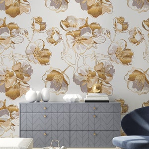 Beige Flowers Wallpaper Peel and Stick, Delicate Floral Wall Mural Self Adhesive, Large Wall Flower Mural, Gold Flower Wallpaper Removable
