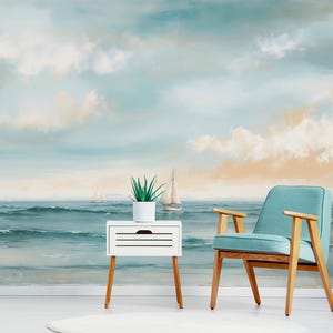 Reusable and Removable Wallpaper, Whimsical Coastal Ocean Wallpaper for Bedroom Wall Decor, Summer Decor Seascape Wall Art, Vinyl Wallpaper