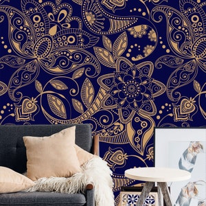 Blue and Gold Paisley Floral Wallpaper, Indian Paisley Wall Art, Ethnic Peel and Stick Wallpaper, Royal Home Decor, Trendy Wallpaper