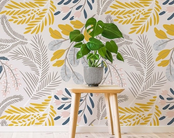 Yellow Floral Peel and Stick Wallpaper Tropical Leaf Wall Decor