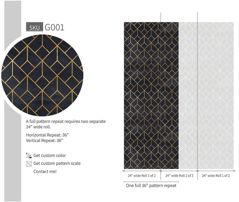 Black Gold Geometric Wallpaper Art Deco Peel and Stick Removable Wall Decor image 7