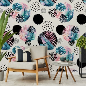 Tropical Leaves Polka Dot Peel and Stick Wallpaper, Palm Leaves Temporary Wall Mural, Floral Self Adhesive Wall Paper for Living Room - T025