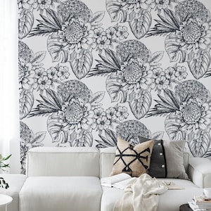 Art deco mural, Floral wallpaper self adhesive, Botanical wallpaper peel and stick, Black and white luxury wallpaper, Vinyl wall decor