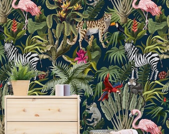 Tropical Safari Animals Wallpaper: Flamingos, Zebras, Jungle Foliage (Peel and Stick)