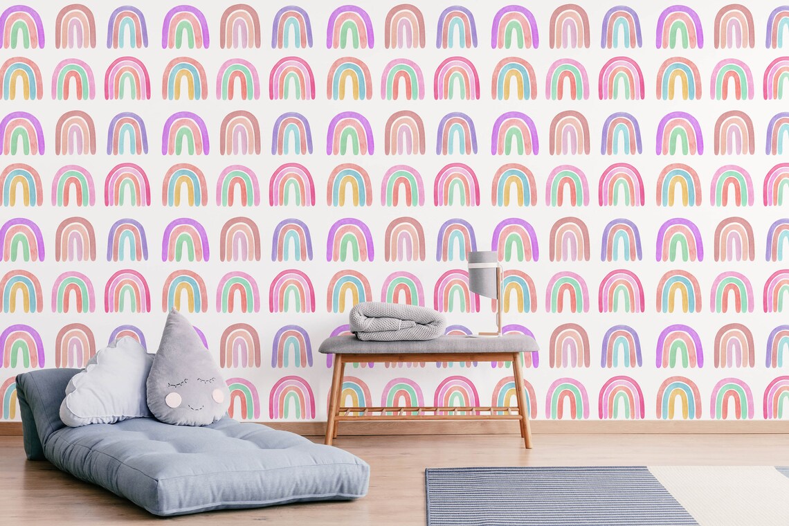 Peel & Stick Multicolor Rainbow Doodle Wallpaper for Nursery | Etsy
