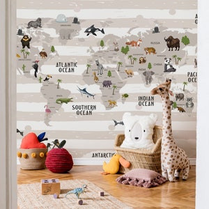 World Map Wallpaper, Baby Boy Nursery Wallpaper, Kids Bedroom Decor, Animals Wall Cover, Peel and Stick Wallpaper, Fun Wallpaper, Wall Art