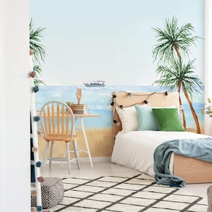 Self-Adhesive Peel and Stick Wallpaper, Palm Trees Wall Art, Tropical Wall Mural for Beach-Themed Bedroom, Blue Sky Wallpaper for Home Decor