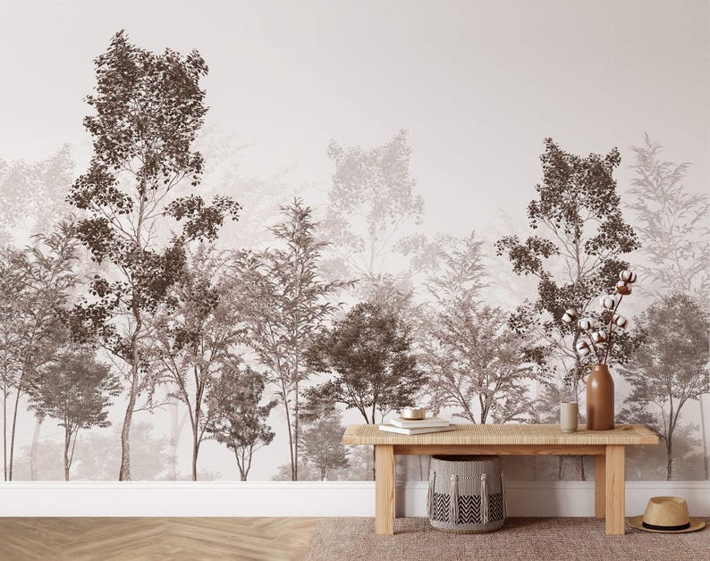 Tranquil Forest Peel and Stick Wallpaper Black White Tree Wall Mural ...