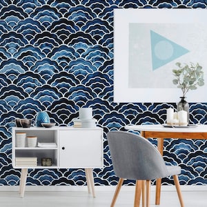 Modern Navy Moroccan Wave Pattern Peel and Stick Wallpaper Removable Geometric Decor