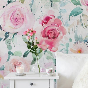 Pink Roses Peel and Stick Wallpaper, Watercolor Flowers Wall Mural, Self Adhesive Textured Wallpaper, Floral Temporary Rose Wall paper