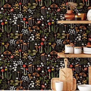 Mushroom Wallpaper Peel and Stick, Dark Botanical Wallpaper for Home Decor, Floral  Removable Vinyl Mural Wallpaper, Art Deco Wallpaper