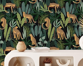 Cheetah Jungle Wallpaper, Tropical Animal Print, Removable Wall Mural (Peel and Stick)