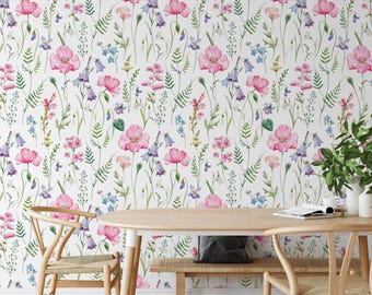 Pink Purple Wildflower Peel and Stick Wallpaper Watercolor Floral Wall Mural for Nursery Bedroom  Removable Botanical Wall Decor