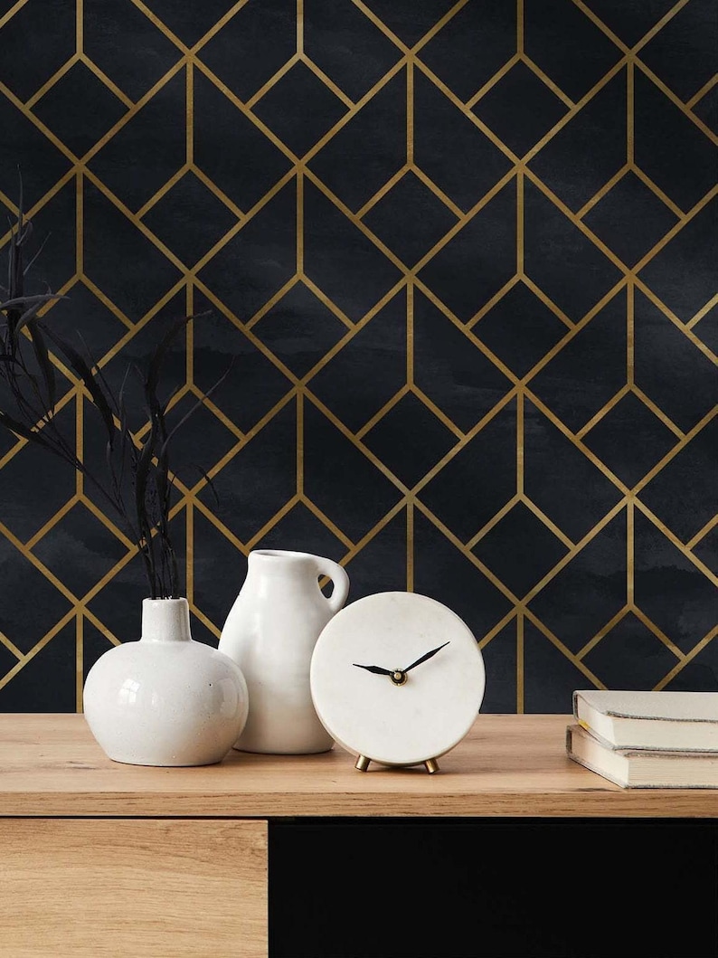 Black Gold Geometric Wallpaper Art Deco Peel and Stick Removable Wall Decor image 2