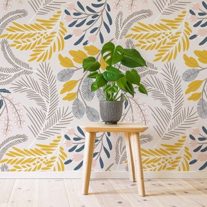 Mustard Peel And Stick Wallpaper, Monstera Leaves Wallpaper Mural, Mothers Day Sale, Yellow And Grey Wall Art, Mid Century Modern Wallpaper