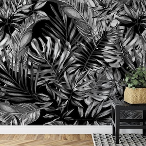 Removable wallpaper, Tropical leaves wallpaper, Wall tropical decor, Botanical palms wallpaper, Black and White peel and stick Wallpaper