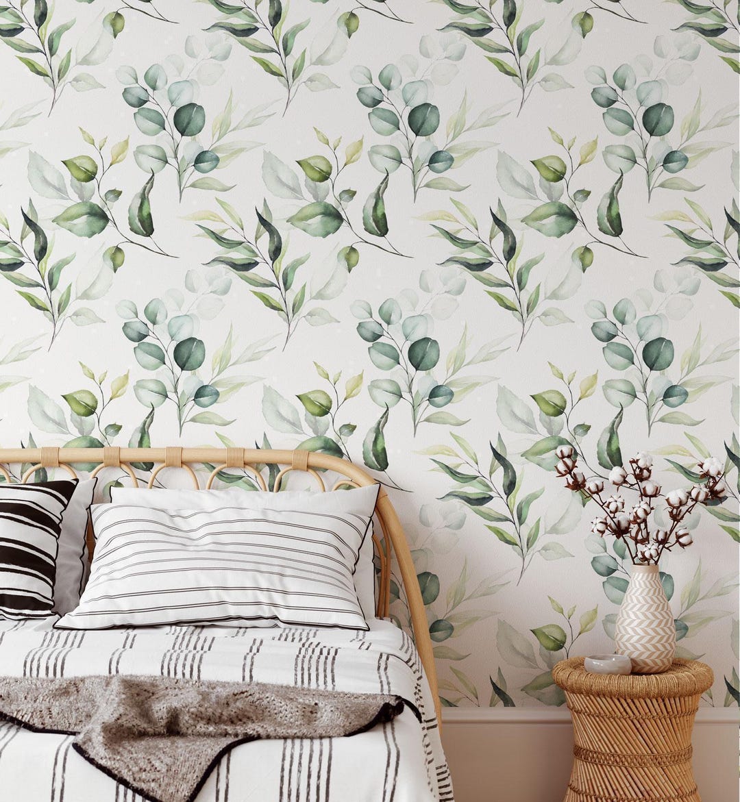 Peel and Stick Watercolor Green Leaf Wallpaper, Botanical Eucalyptus ...