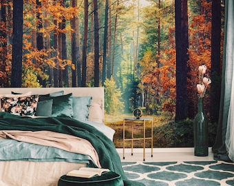 Scenery Wallpaper in Peel and Stick Featuring Autumn Forest Misty Woodland Scene Removable Bedroom Living Room Decor