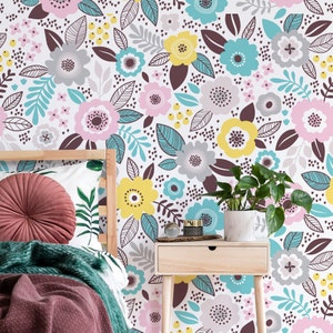 Watercolor Textured Mural, Flower Wall Mural, Botanical Wallpaper, Modern Wallpaper, Floral Vinyl Wallpaper, Peel and Stick Smooth Wallpaper