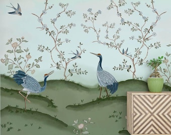 Papel pintado Chinoiserie con pájaros y flores, mural floral removible para jardín, autoadhesivo.