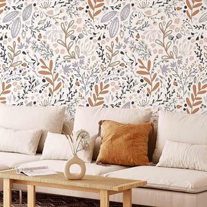 Boho Floral Wallpaper, Terracotta Botanical Wall Art, Purple Orange Flowers (Removable)