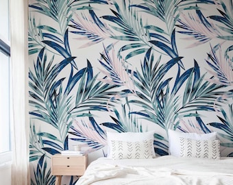 Tropical Palm Leaf Wallpaper: Blue Green Botanical Peel and Stick Wall Mural
