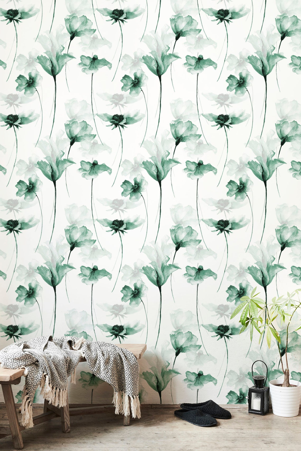 Peel and Stick Wallpaper Floral Wallpaper White & Green | Etsy