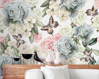 Watercolor Floral Wallpaper Blue Pink Roses Butterflies Removable Wall Mural Peel and Stick