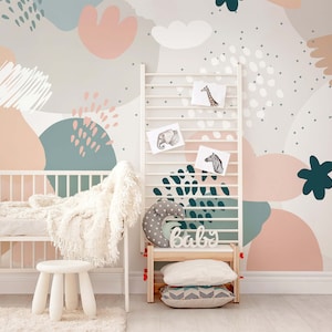 Abstract Modern Wallpaper, Neutral Tones Kid's Wall Mural, Nursery Peel and Stick Wallpaper for Walls, Removable Eco Friendly Wallpaper