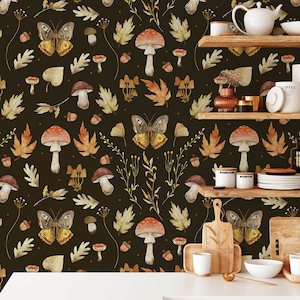Birds And Butterflies Botanical Wallpaper, Enchanted Forest Wallpaper, Mushroom Vinyl Wallpaper, Forest Mural Wallpaper, Removable Wallpaper