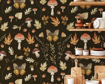 Mushroom Wallpaper Peel and Stick, Dark Botanical Wallpaper, Leave and Butterfly  Removable Vinyl Mural Wallpaper, Art Deco Wallpaper