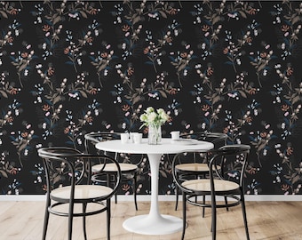 Dark Floral Botanical Peel and Stick Wallpaper, Removable Wall Mural, Wild Flowers Art