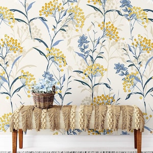 Blue and Yellow Floral Wallpaper, Meadow Wall Mural, Botanical Wallpaper, Scandinavian Wallpaper, Luxury Wall Decor, Art Decor Wallpaper