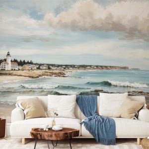 Coastal Wallpaper, Ocean Peel and Stick Wallpaper, Landscape Wallpaper, Lighthouse Wallpaper Mural, Nautical Removable Wallpaper