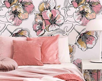 Removable Floral Wallpaper Vintage Blue Botanical Wall Mural Peel and Stick Decor
