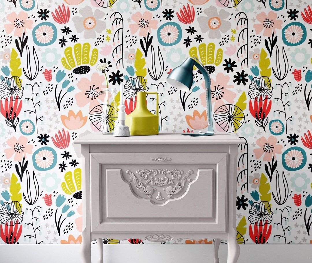 Colorful Retro Floral Wallpaper, Funky 70s Peel and Stick Wallpaper ...