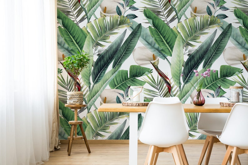 Palm Leaves Peel and Stick Wallpaper Tropical Green Monstera Etsy