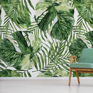 Large Green Leaves Wallpaper, Tropical Removable Wallpaper for bathroom, Leaves Wall Decor, Vinyl Textured Wallpaper, Office Wall mural