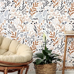 View of Boho Leaf Peel and Stick Wallpaper, Earthy Tone Floral Wallpaper ...