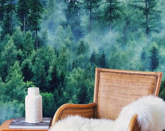 Scenery Wallpaper in Peel and Stick Featuring Foggy Forest Misty Woodland Landscape Removable Living Room Decor