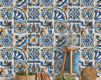 Tile Wallpaper in Peel and Stick Featuring Azulejos Pattern Mosaic Removable Decor for Kitchen