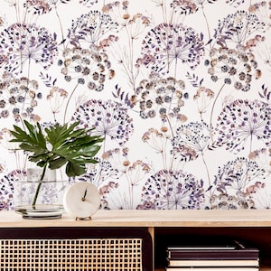 Purple Floral Wallpaper, Delicate Botanical Wallpaper, Boho Peel and Stick Wallpaper, Meadow Whimsical Wallpaper, Watercolor Wallpaper