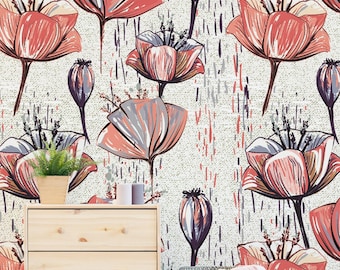 Red Poppy Floral Wallpaper Removable Botanical Wall Mural Peel and Stick