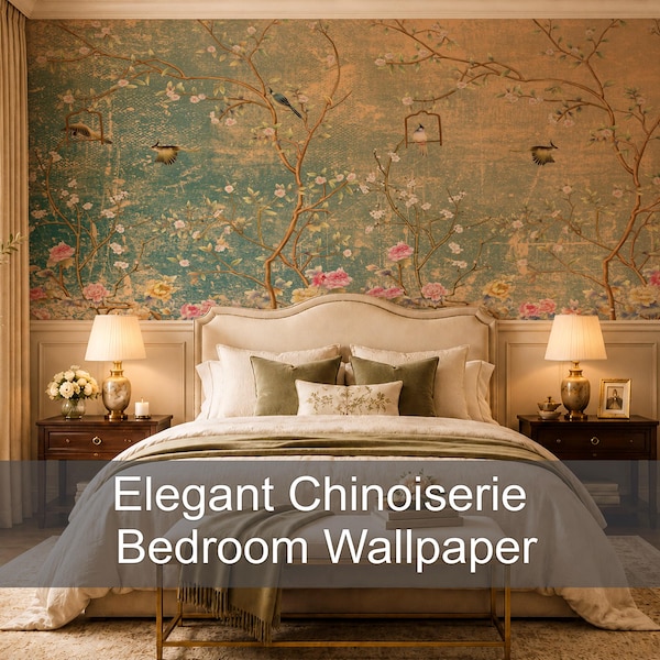 Chinoiserie Peel and Stick Wallpaper Bird Floral Botanical Wall Mural Vintage Bedroom Wallpaper Removable Wallpaper