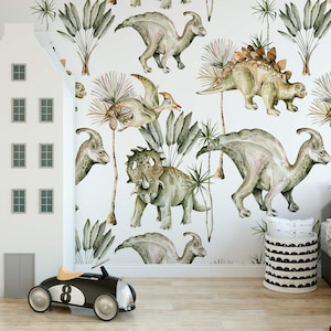 Dinosaur Watercolor Wallpaper, Kids Peel and Stick Wallpaper, Enchanted Forest Wallpaper, Nursery Wallpaper, Jurassic Jungle Wallpaper