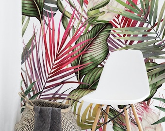 Watercolor Palm Leaves Tropical Peel and Stick Wallpaper Pink Flowers Botanical Decor