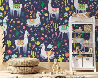 Papel pintado Funky Llama para guardería: Decoración colorida autoadhesiva para habitaciones infantiles