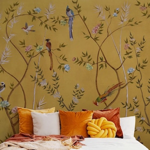 Golden Birds and Floral Wallpaper, Gold Chinoiserie Wallpaper, Exotic Bird Wallpaper Mural, Bird Wallpaper, Peel and Stick Wallpaper