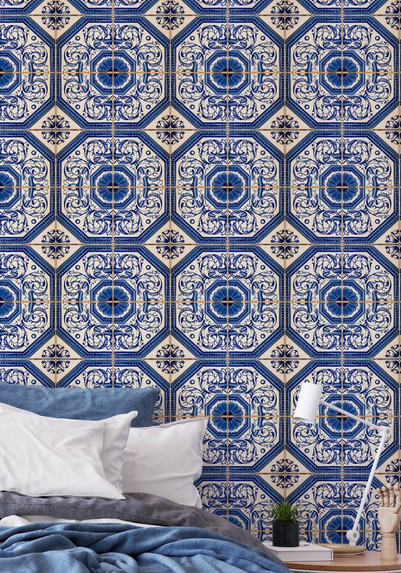 Mediterranean Blue Tile Wallpaper Blue and White Moroccan - Etsy